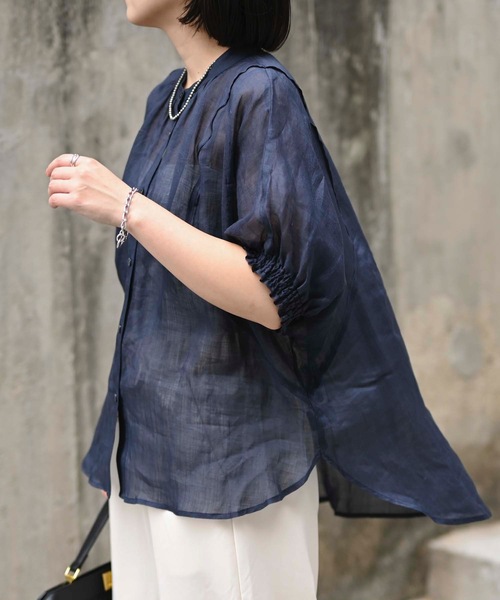 新品 リネンギャザーヘムブラウス リネンスキッパーギャザーブラウス［GENTLE LINEN］（シャツ