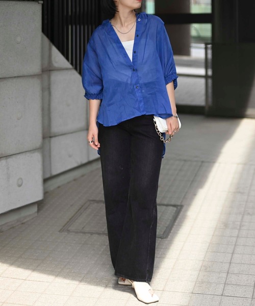 プラージュ 麻リネン100 メッシュギャザーブラウス 黒 2023SS ゆったり プラージュ 麻リネン100 メッシュギャザーブラウス 黒 2023SS