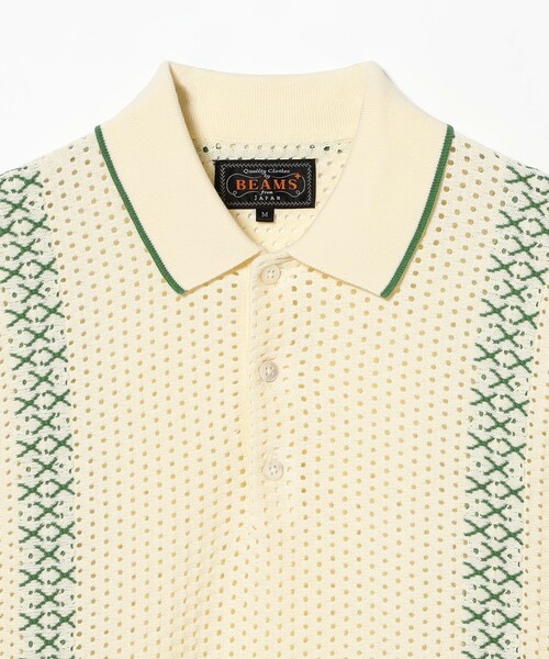BEAMS+ ポロシャツ ストライプ メッシュ ニット メンズ