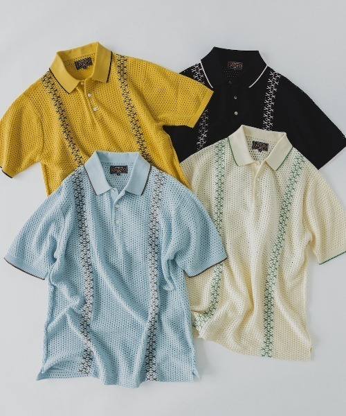 BEAMS+ ポロシャツ ストライプ メッシュ ニット メンズ
