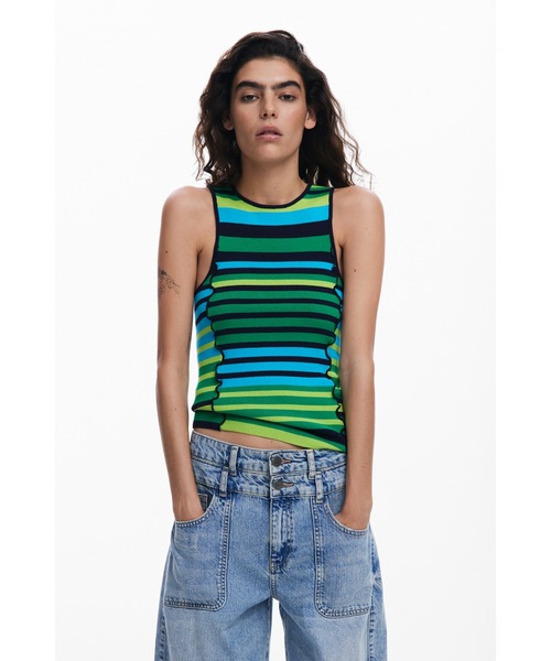 tシャツ ストライプトリムTシャツ レディース