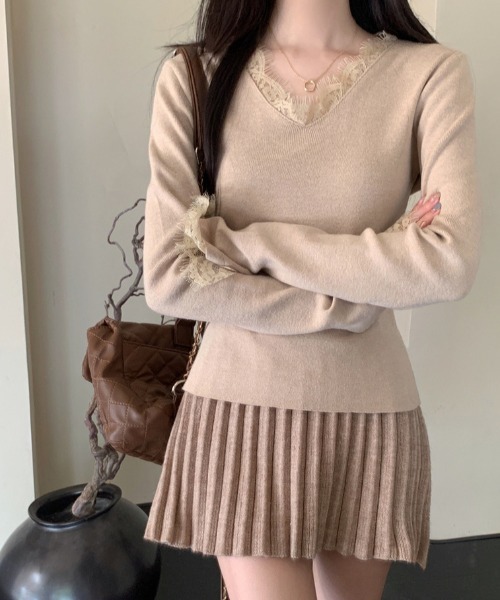 roomy ニット セーター 部分レースVネックニット レディース