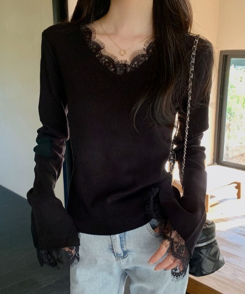 roomy ニット セーター 部分レースVネックニット レディース