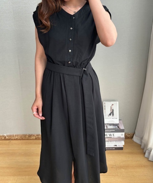 ノースリーブ ロングシャツワンピース ブラック シャツワンピース 夏服に最適！ノースリーブロングシャツワンピース