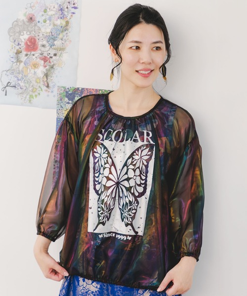 tシャツ 151661：蝶柄箔プリント オーロラシフォンプルオーバー レディース