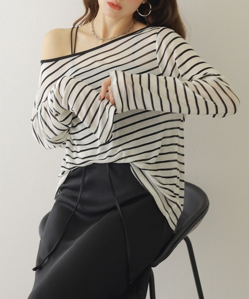 tシャツ border sheer long tops /ボーダーシアーロングTシャツ