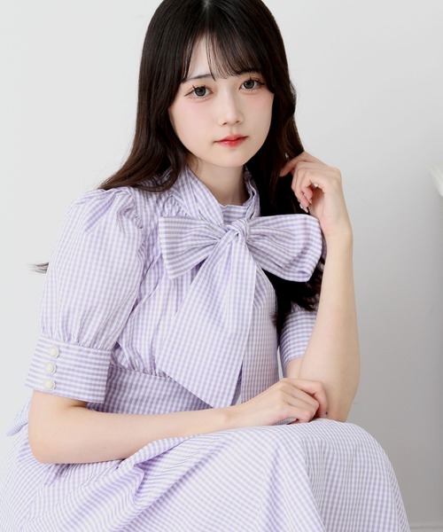 DearMyLove ワンピース 夏 半袖 コットンバルーンボウタイリボン