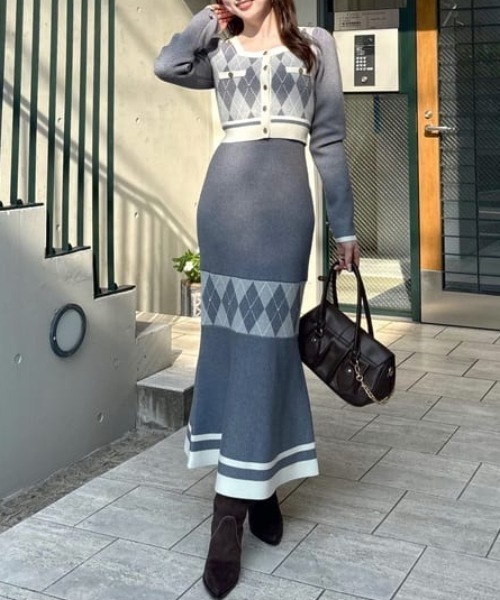 rienda（リエンダ） ワンピース アーガイルバイカラーカーディガン