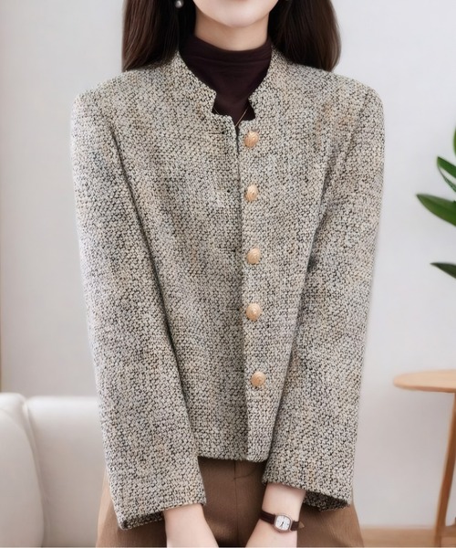ジャケット ノーカラージャケット スタンドカラーツイードジャケット