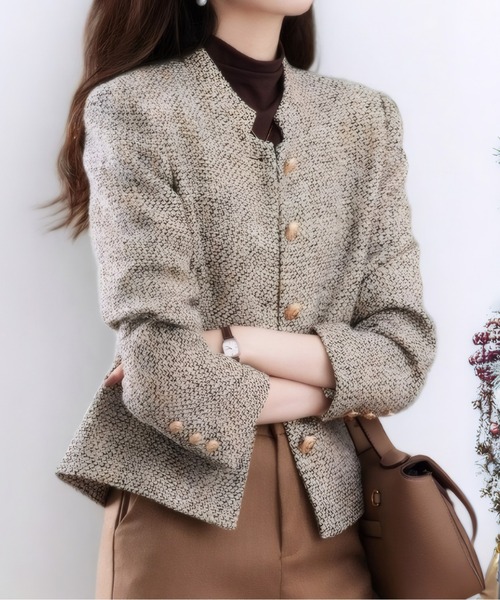 ジャケット ノーカラージャケット スタンドカラーツイードジャケット