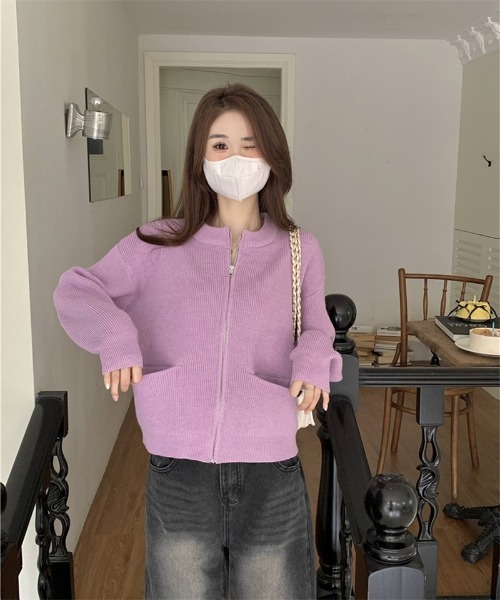 カーディガン クルーネックジップニットカーディガン レディース