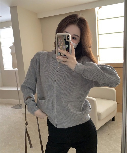 カーディガン クルーネックジップニットカーディガン レディース