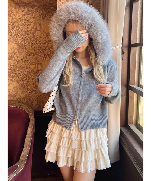 パーカー ボリュームファーフードニットパーカー レディース