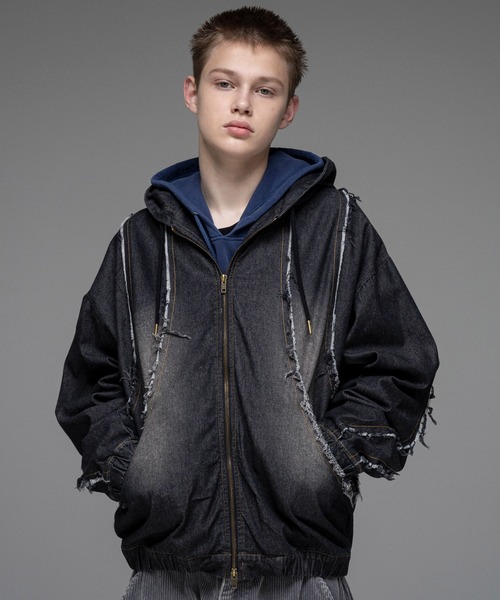 デニムジャケット gジャン AW グランジ加工 フルジップ デニムフーディ