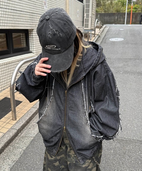 デニムジャケット gジャン グランジ加工 フルジップ デニムフーディ 