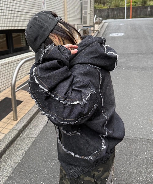 LEVI'S vintage ブラックデニムジャケット パーカー グランジ デニムジャケット gジャン グランジ加工 フルジップ デニムフーディ