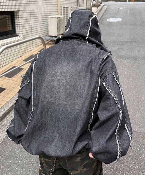 デニムジャケット gジャン グランジ加工 フルジップ デニムフーディ