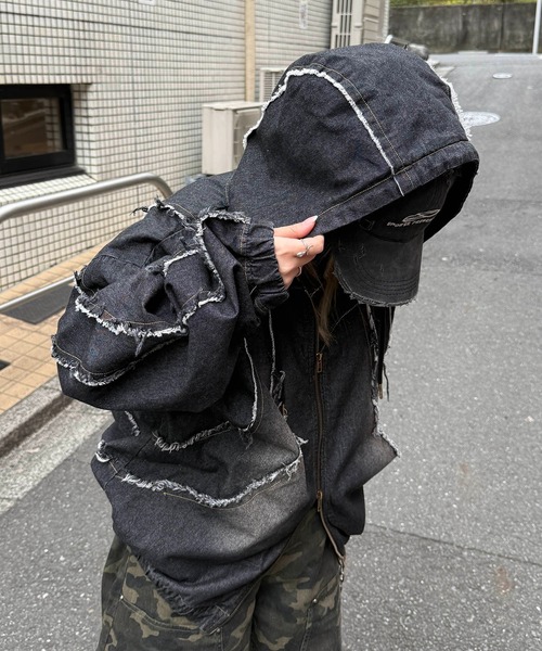 デニムジャケット gジャン グランジ加工 フルジップ デニムフーディ 