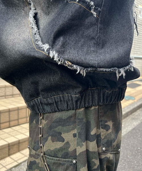 デニムジャケット gジャン グランジ加工 フルジップ デニムフーディ