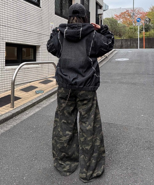 デニムジャケット gジャン グランジ加工 フルジップ デニムフーディ 