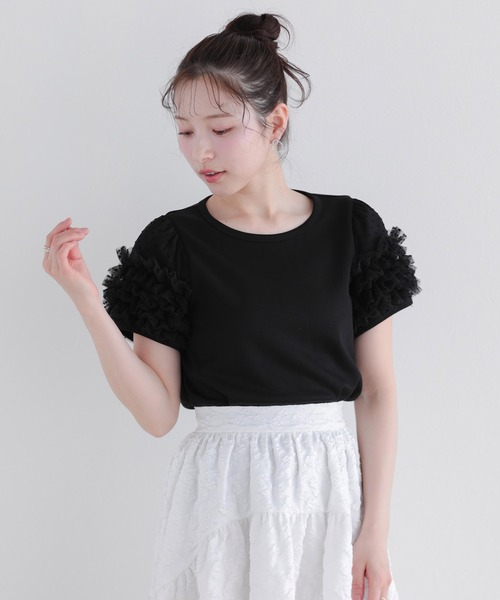 Fit more（フィットモア） tシャツ ドットチュールフリルパフスリーブ