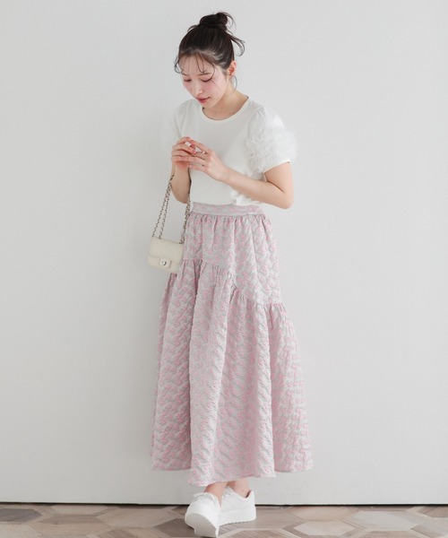 フィットモア♡フリル　トップス　チュール　新作 Fit more（フィットモア） tシャツ ドットチュールフリルパフスリーブ