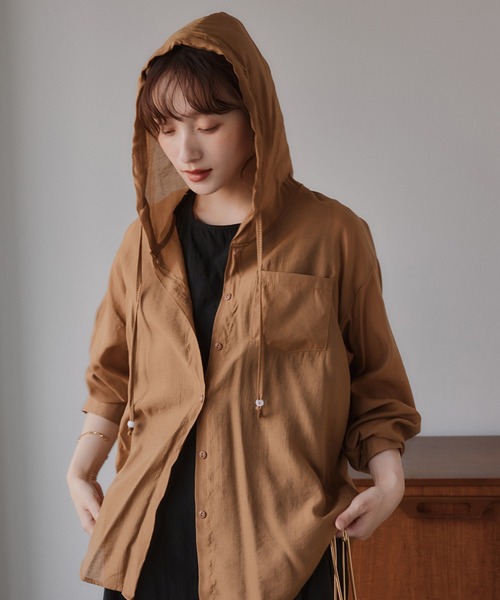 極美品 18FW Supreme フード付きワークシャツ Lサイズ ブラウン 210nouve（トゥージュヌーヴ） ブラウス シャツ フード付き オーバー