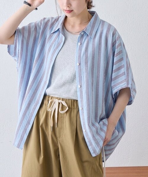 ブラウス シャツ 「さらっと快適/二の腕カバー」綿麻袖ギャザー裾リボンバルーンシャツ レディースの画像