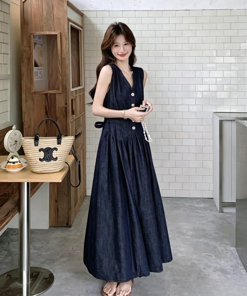 NOBLEデニム ロングワンピース ノースリーブ Vネック FAVORITO ワンピース デニムVネックノースリーブワンピース : ZOZOTOWN