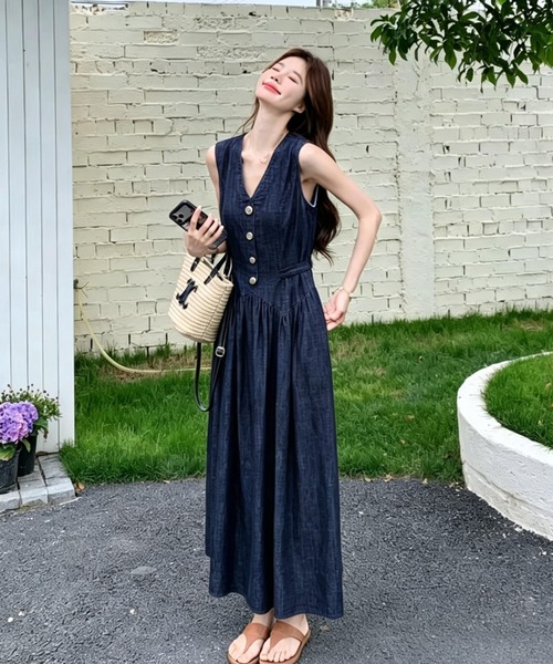 NOBLEデニム ロングワンピース ノースリーブ Vネック FAVORITO ワンピース デニムVネックノースリーブワンピース : ZOZOTOWN
