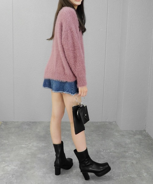 minia（ミニア） ブーツ ワイドスクエアトゥの厚底ピースミドルブーツ 