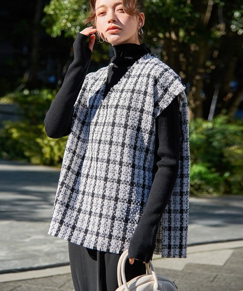 ベスト ジレ 深Ｖツイードベスト レディース STYLEBLOCK ベスト ジレ ツイードフリンジ深Vベスト レディース
