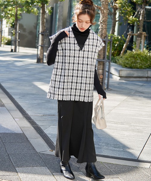 STYLEBLOCK ベスト ジレ ツイードフリンジ深Vベスト レディース