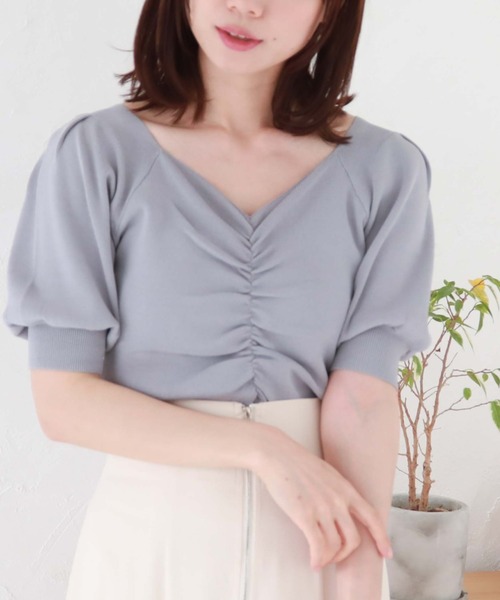 ニット セーター SIGNATURE　フロントギャザー半袖ニット レディース タイムセール30%OFF】SIGNATUREフロントギャザー半袖ニット