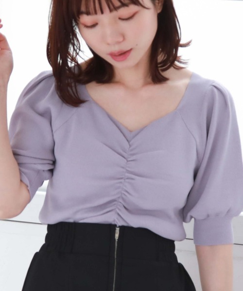 ニット セーター SIGNATURE　フロントギャザー半袖ニット レディース タイムセール30%OFF】SIGNATUREフロントギャザー半袖ニット