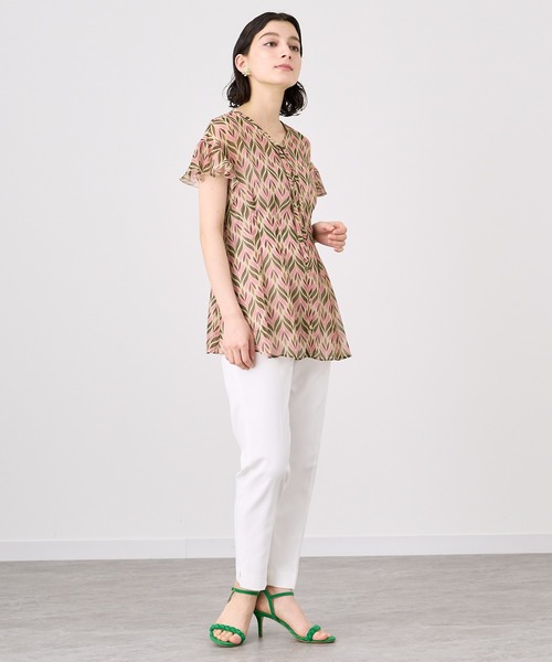 ブラウス シャツ 75ｄ楊柳幾何柄ｐｔ レディース ANAYI ブラウス シャツ リーフ楊柳幾何ボウタイ レディース