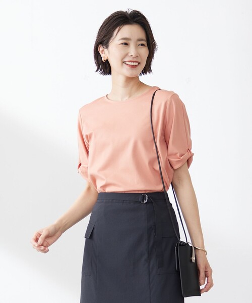 tシャツ 「接触冷感・UVケア」コンパクトコットンスムース ツイストスリーブ カットソー レディース