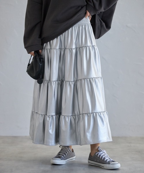each alchemist スカート エコレザーメタリックティアードロング