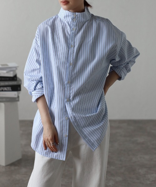 美品♡ センソユニコ 慈雨 アシンメトリー シャツ ブラウス ストライプ 40 Bonjour Sagan ブラウス シャツ 前後2WAYスタンドカラーマルチ