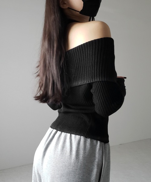 ニット セーター 「 ２color 」スプレー加工オフショルスリムリブニット ／ spray off shoulder slim lib knit セール】※※【 2color 】スプレー加工オフショルスリム