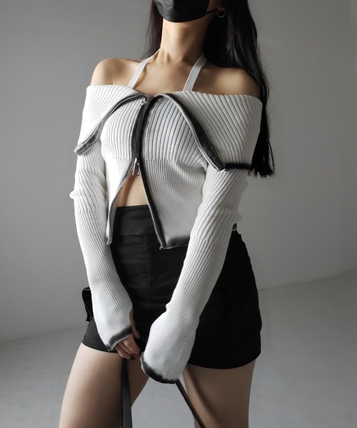 ニット セーター 「 ２color 」スプレー加工オフショルスリムリブニット ／ spray off shoulder slim lib knit セール】※※【 2color 】スプレー加工オフショルスリム