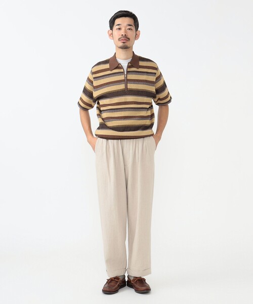 BEAMS+ ポロシャツ ボーダー ハーフジップ ニット メンズ
