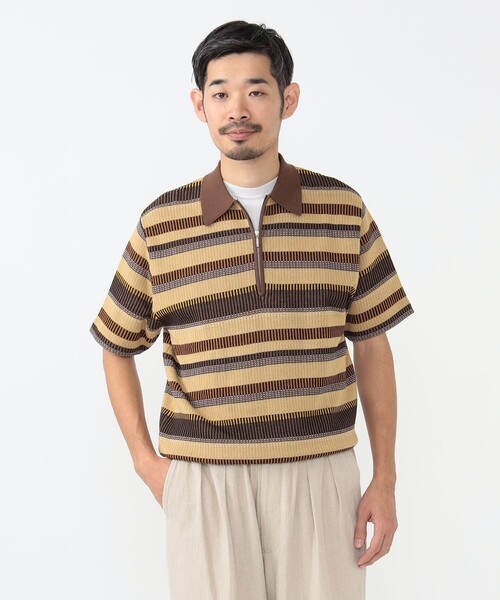 BEAMS+ ポロシャツ ボーダー ハーフジップ ニット メンズ
