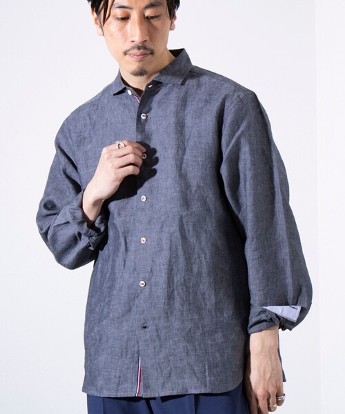 Lisiere◆長袖シャツ/--/リネン/NVY/無地/15-050-560-0137-3-0 GLOSTER シャツ 「GLOSTER/グロスター」リネン100