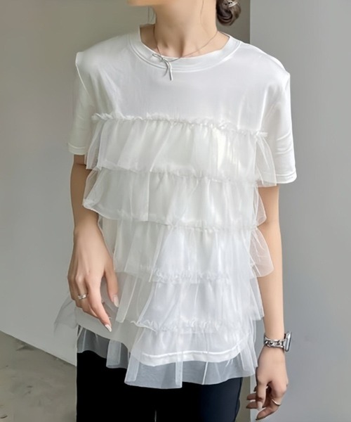 tシャツ 胸切替シアティアード半袖トップス レディース
