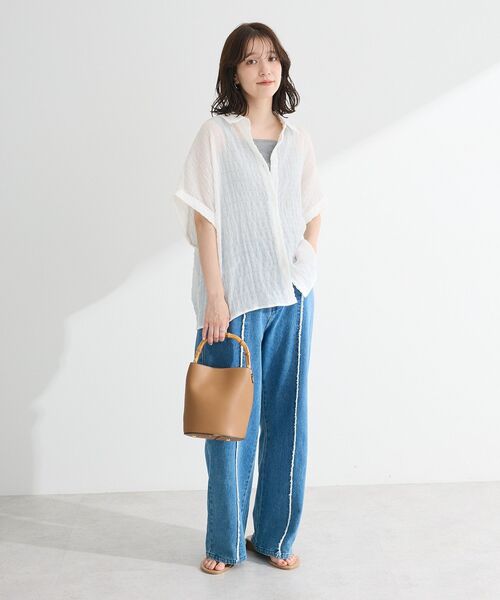 新品 parkes シャーリングフレンチスリーブ ブラウス Green Parks ブラウス シャツ シアーシャーリングフレンチ