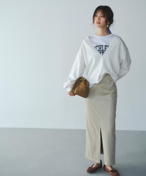 ベージュ コットンタイトスカート スリット入り ムラ染め NOMAT ベージュ コットンタイトスカート スリット入り ムラ染め NOMAT