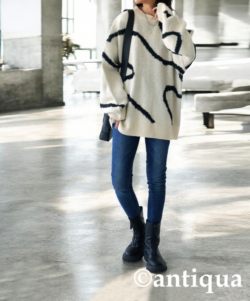 「antiqua」 長袖ニット ONESIZE ブラック レディース_画像3