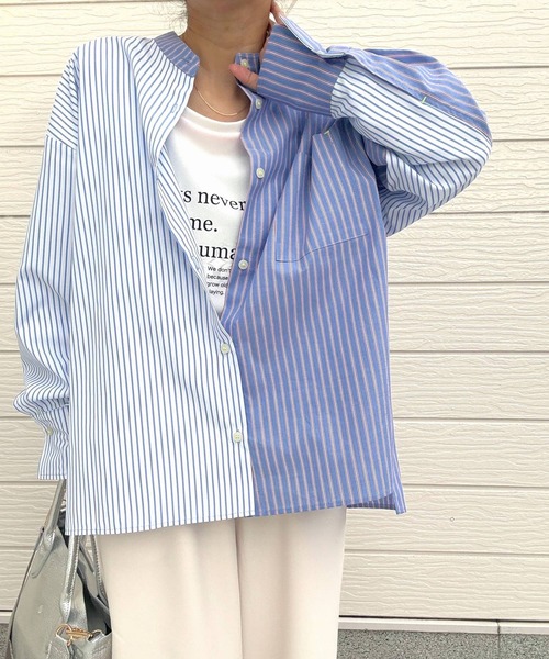 Q ブラウス シャツ ミックスストライプシャツ レディース : ZOZOTOWN