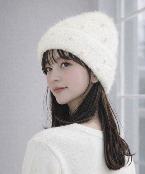 ニット キムヘキム KIMHEKIM 美品 ニット帽 ZF3HT01 BEANIE EMBELLISHED PEARL ニット帽 キムヘキム KIMHEKIM 白 帽子 パール 帽子